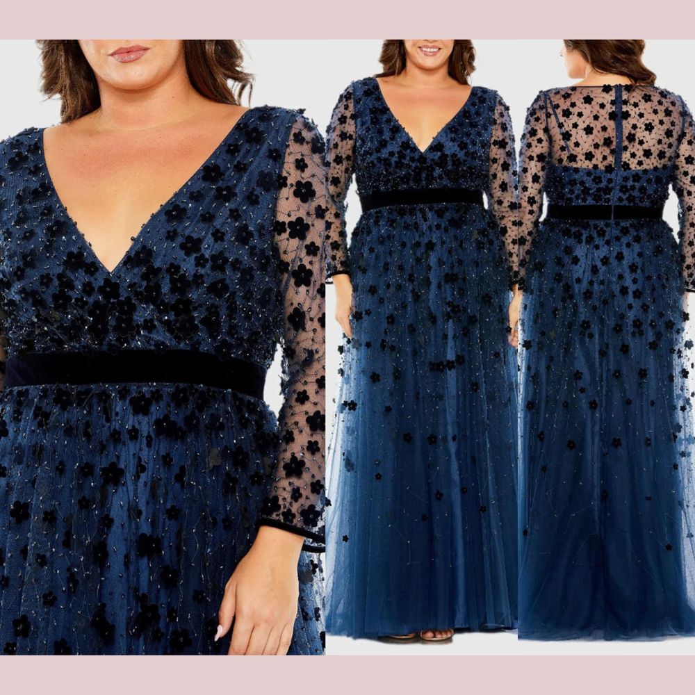 NEW $598‎ Mac Duggal [ 20W ] 68440 Floral Applique Long Sleeve A Line Gown Blue